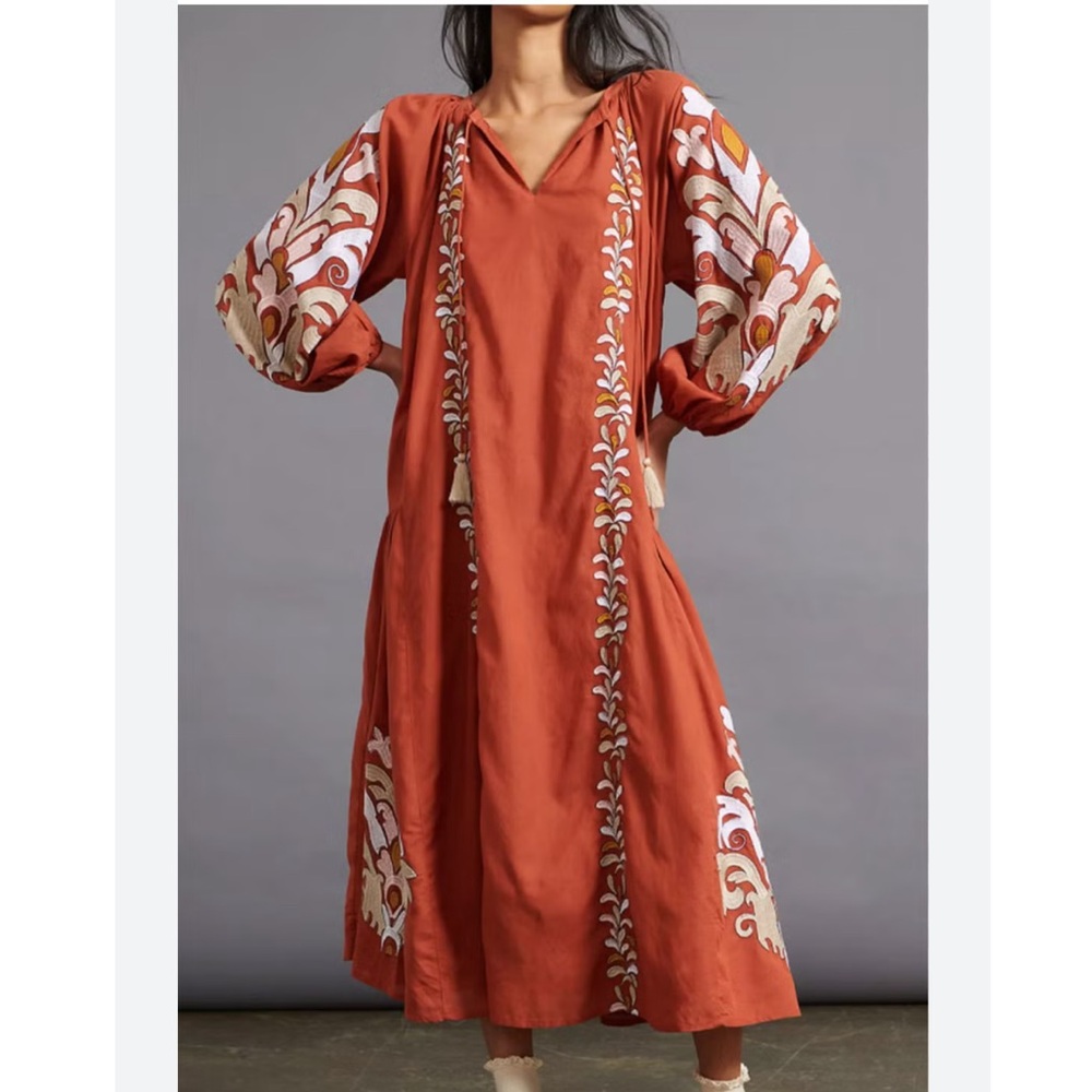 Anthropologie Terracotta Maxi Dress with Embroidered Details